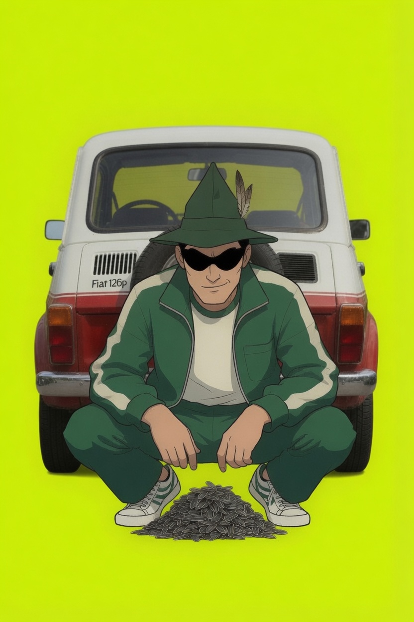 $KURWAHOOD mascot: man in a green tracksuit squatting with sunflower seeds by a Fiat 126p