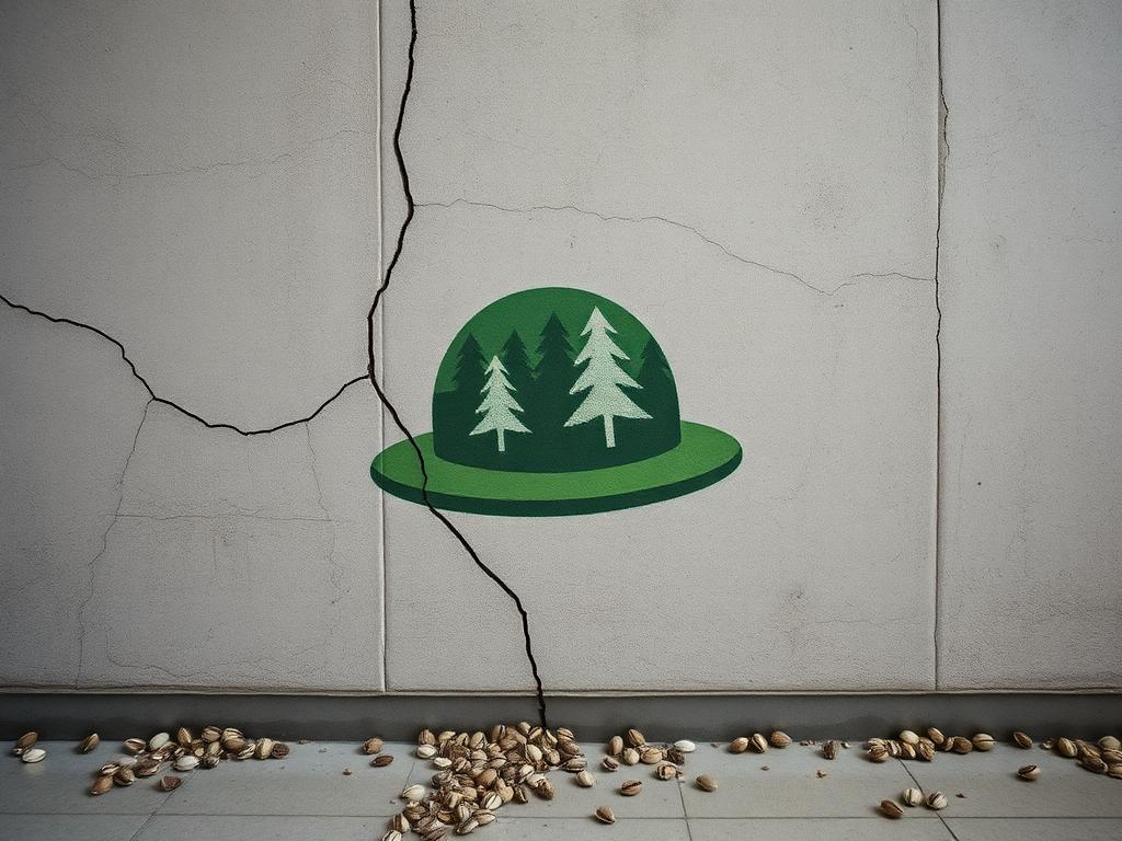 Cracked panelák wall with a stenciled green forest hat and sunflower seed shells on the ground