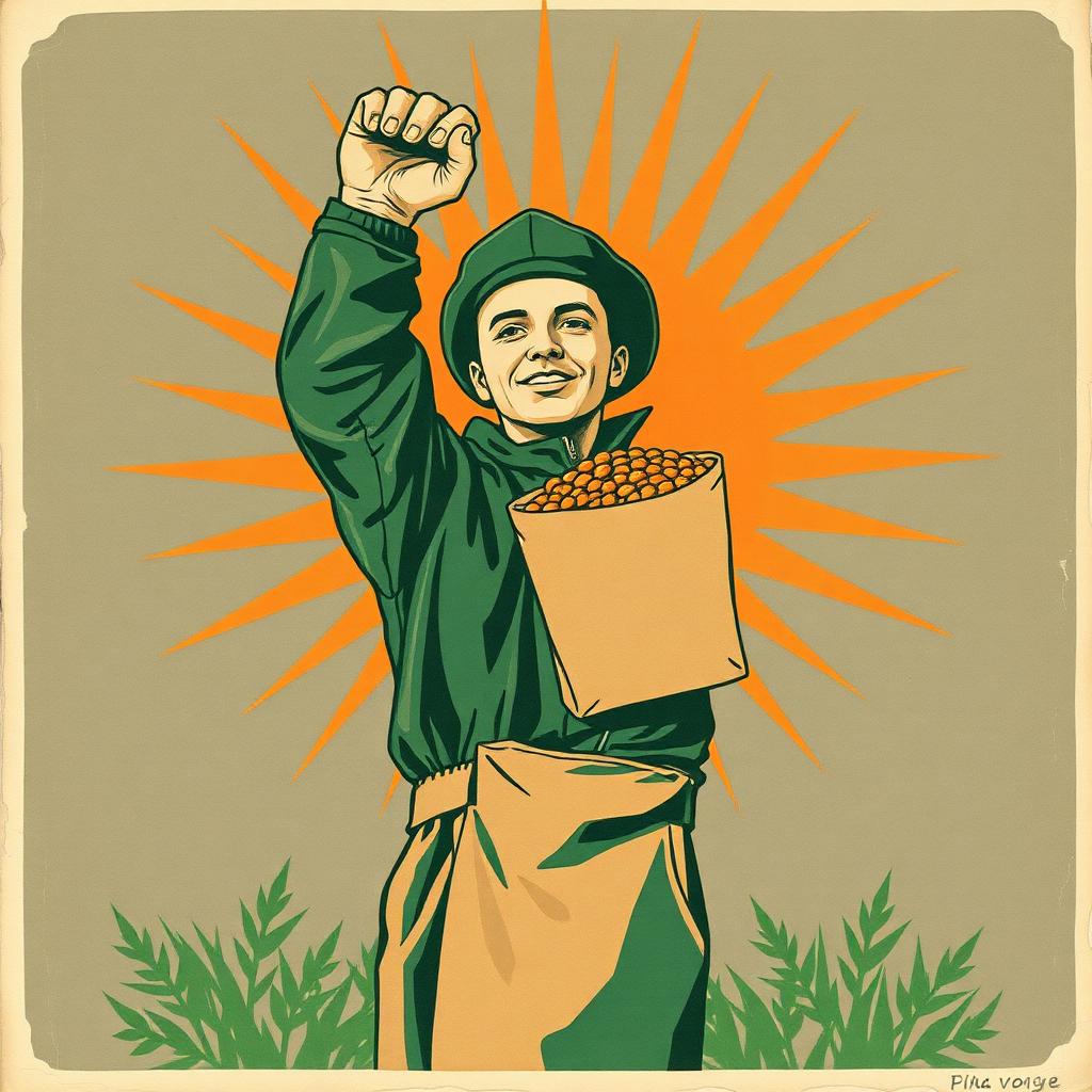 Two-colour propaganda poster of a worker in a tracksuit and green hat raising a bag of sunflower seeds